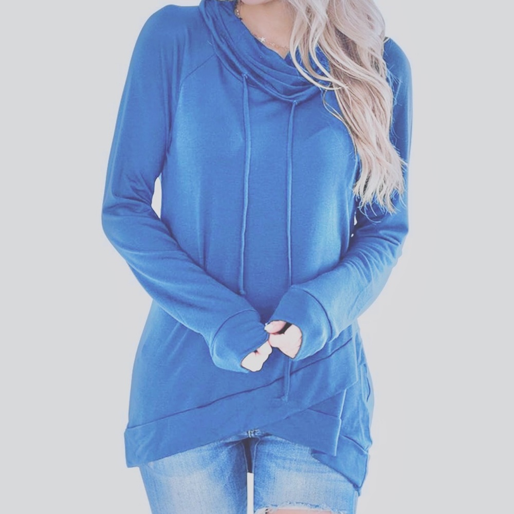cowl neck blue sweatshirt long sleeve drawstrings lace up tiered hem women's M